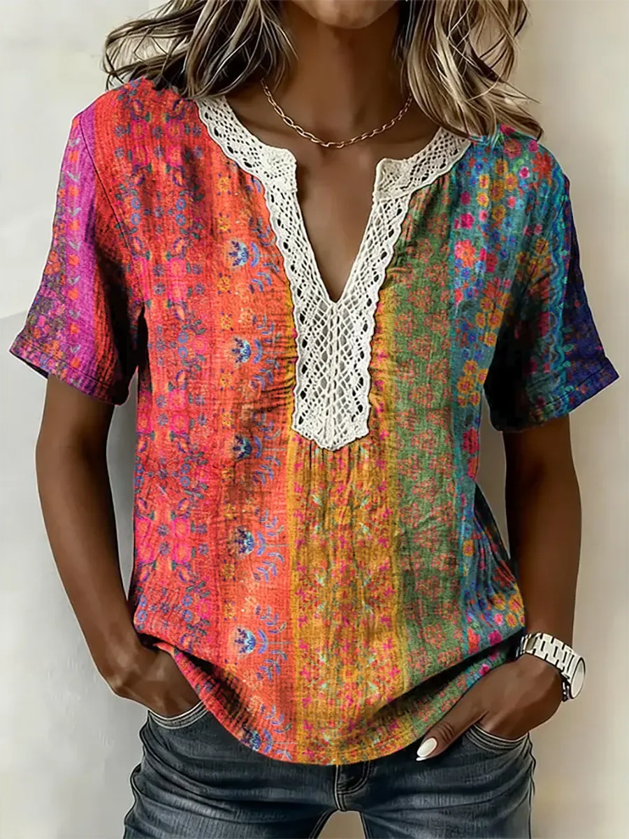 Women's Bohemian Floral Print Short-Sleeve Lace-Trimmed V-Neck Shirt