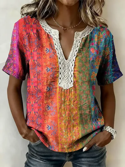 Women's Bohemian Floral Print Short-Sleeve Lace-Trimmed V-Neck Shirt