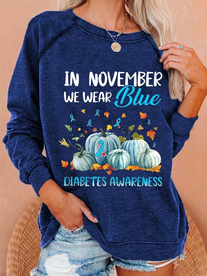 Women's In November We Wear Blue For Diabetes Awareness Pumpkin Print Casual Sweatshirts