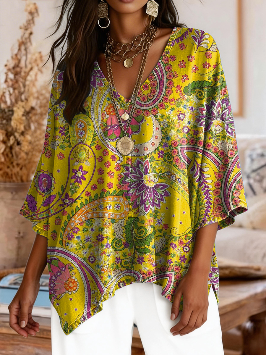 Women's Bohemian Paisley Art Print Casual V-neck Top