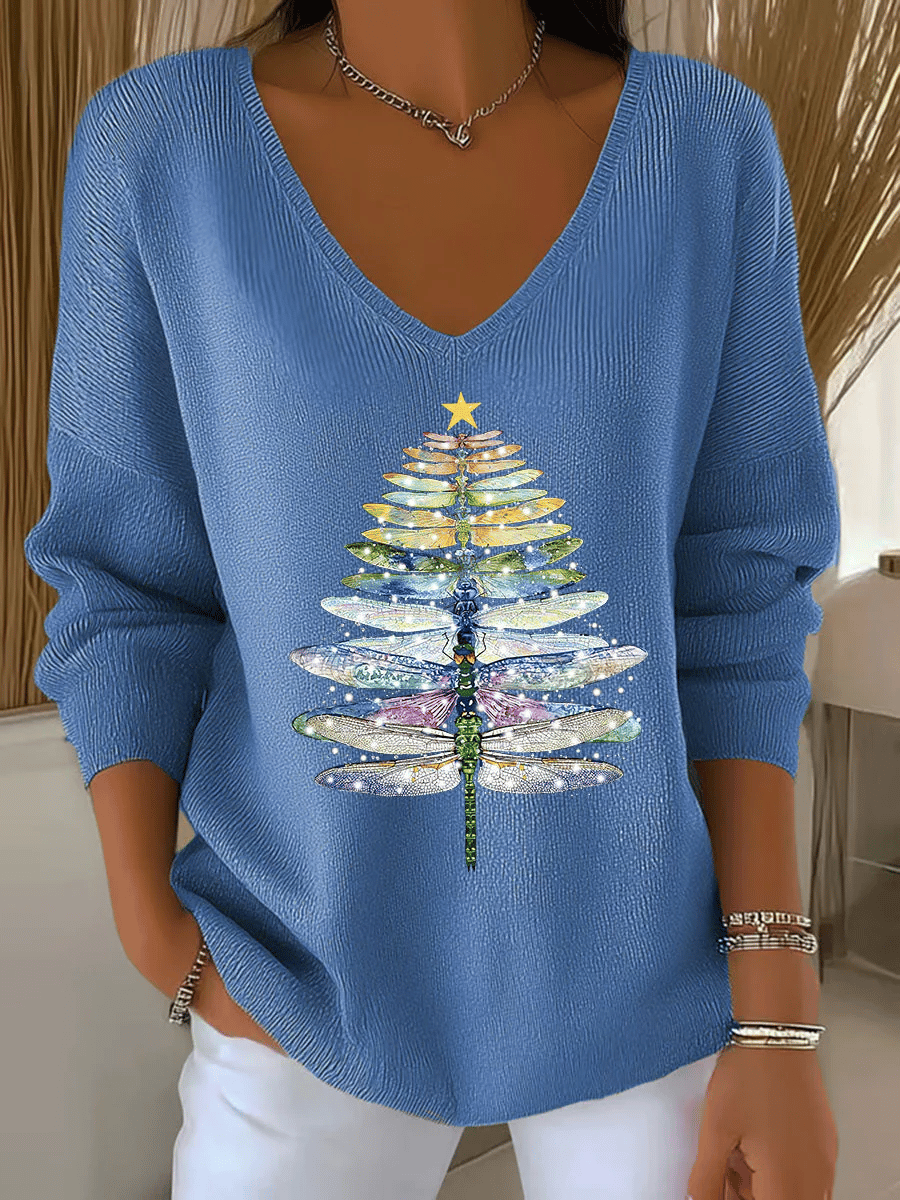 Women's Christmas Print V Neck Sweater