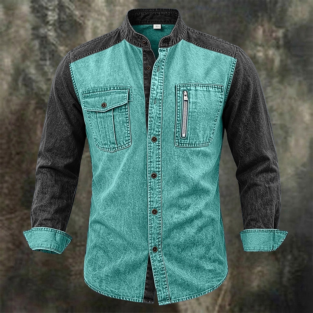 Men Shirt Garment Dyed Acid Wash Shirt Blue Wine Green khaki Long Sleeve Plain Mandarin Collar Casual Daily Pocket Clothing Apparel Elegant Vintage Fashion Casual 2026 - $35.99 –P8