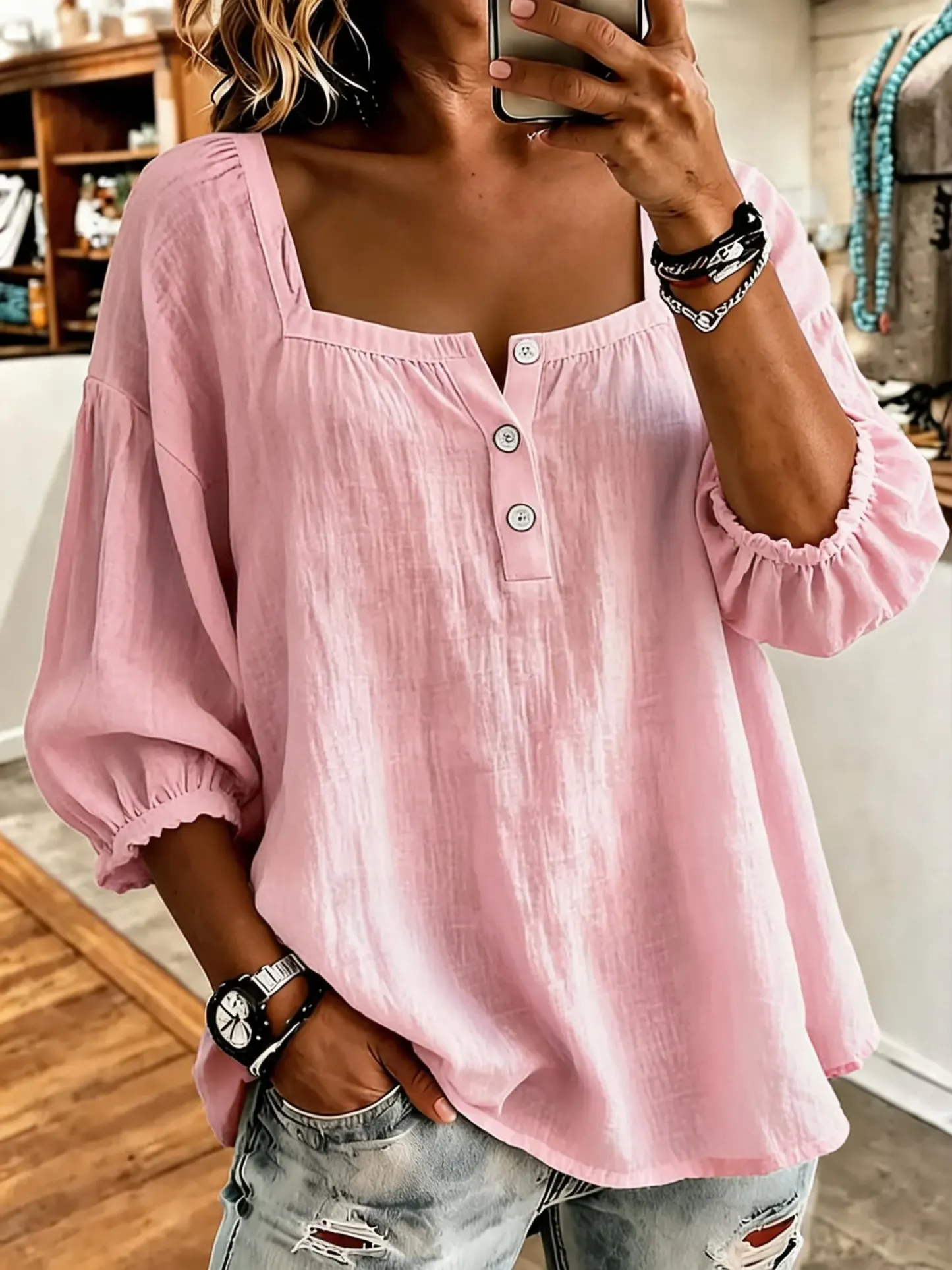 Pink Square-Neck Half-Button Shirt