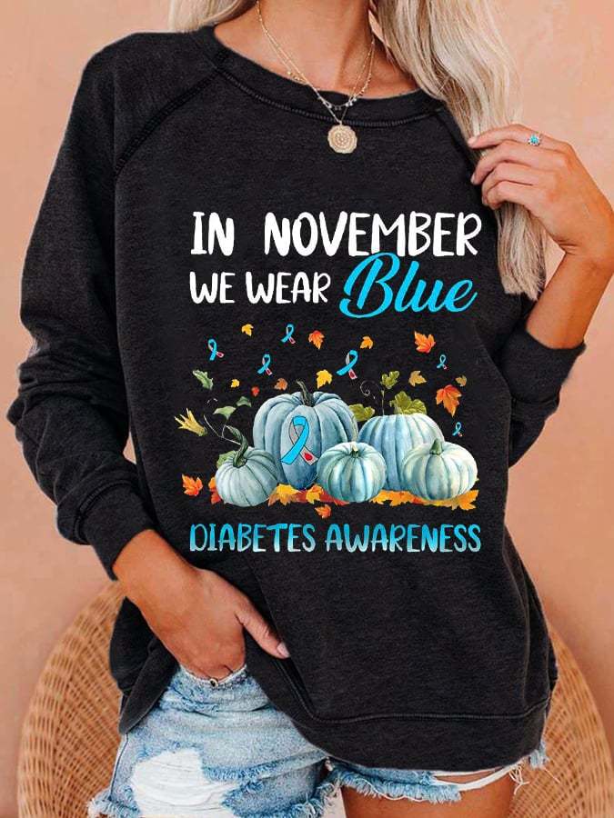Women's In November We Wear Blue For Diabetes Awareness Pumpkin Print Casual Sweatshirts