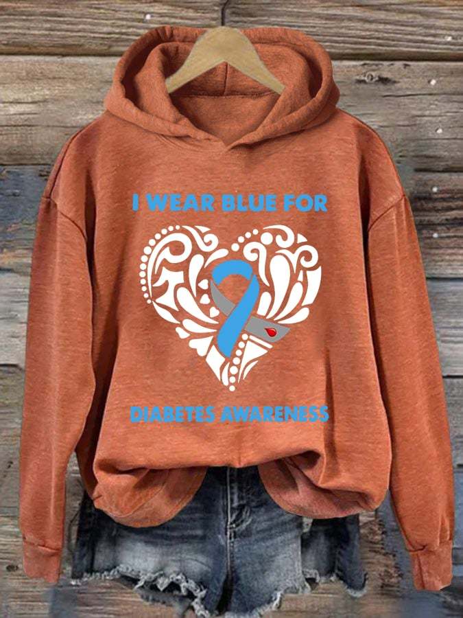 Women's I Wear Blue For Diabetes Awareness Print Hoodie Long Sleeve Sweatshirt