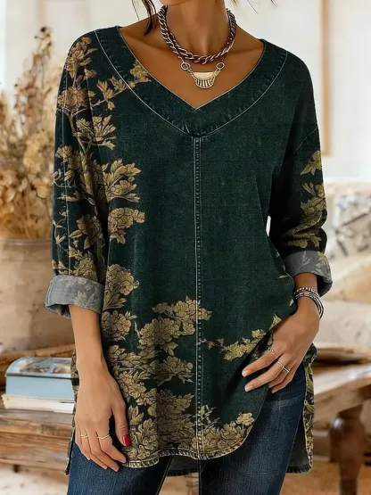 Women's Vintage Floral Print Artistic Washed Denim Cotton Shirt