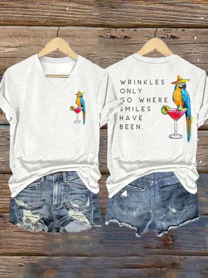 V Neck Retro Wrinkles Only Go Where Smiles Have Been Print T-Shirt
