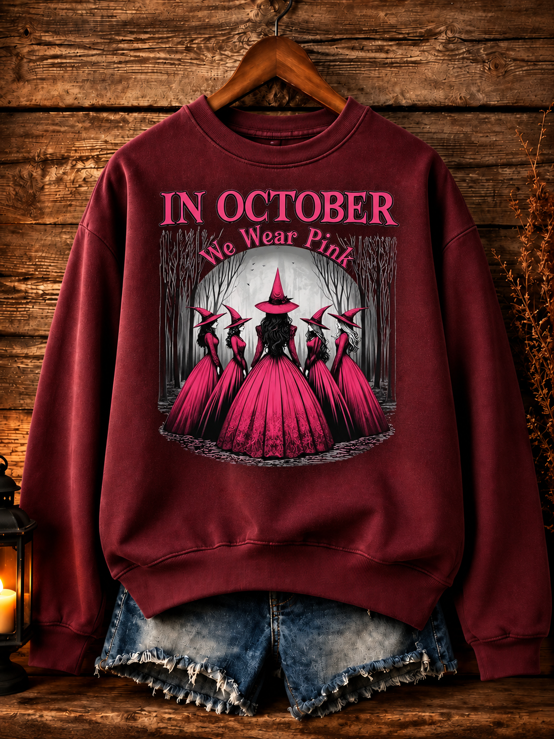 Women's Gothic Witch T-Shirt - Pink & Black Suitable for Halloween Costumes with Witches' Hats & Bats Pattern Crew Neck Sweatshirt