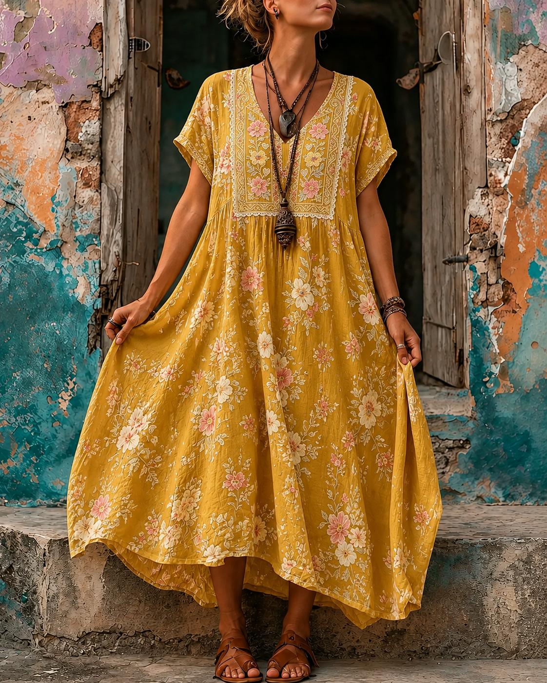 Women's Vacation Linen Boho Floral Print V-Neck Short Sleeve Maxi Dress