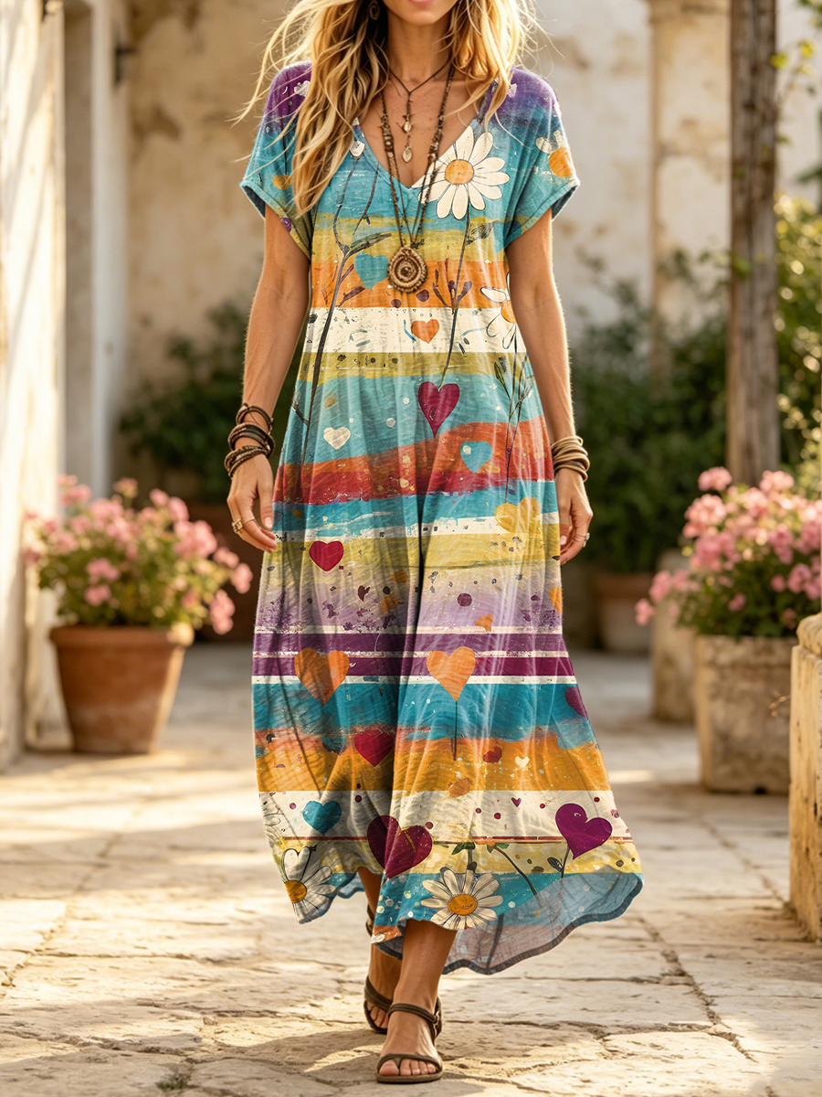 Women's Colorful Floral Striped Art Print Casual Short-sleeve V-neck Cotton Dress
