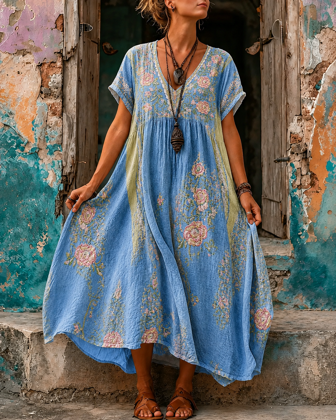 Women's Vacation Linen Boho Floral Print V-Neck Short Sleeve Maxi Dress