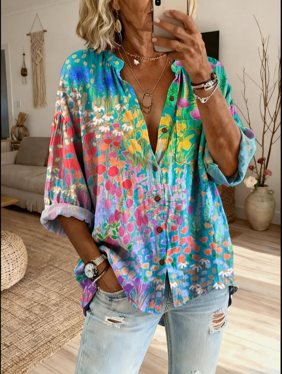 Women's Casual Cotton-linen Blend Shirt With Vibrant Floral Print