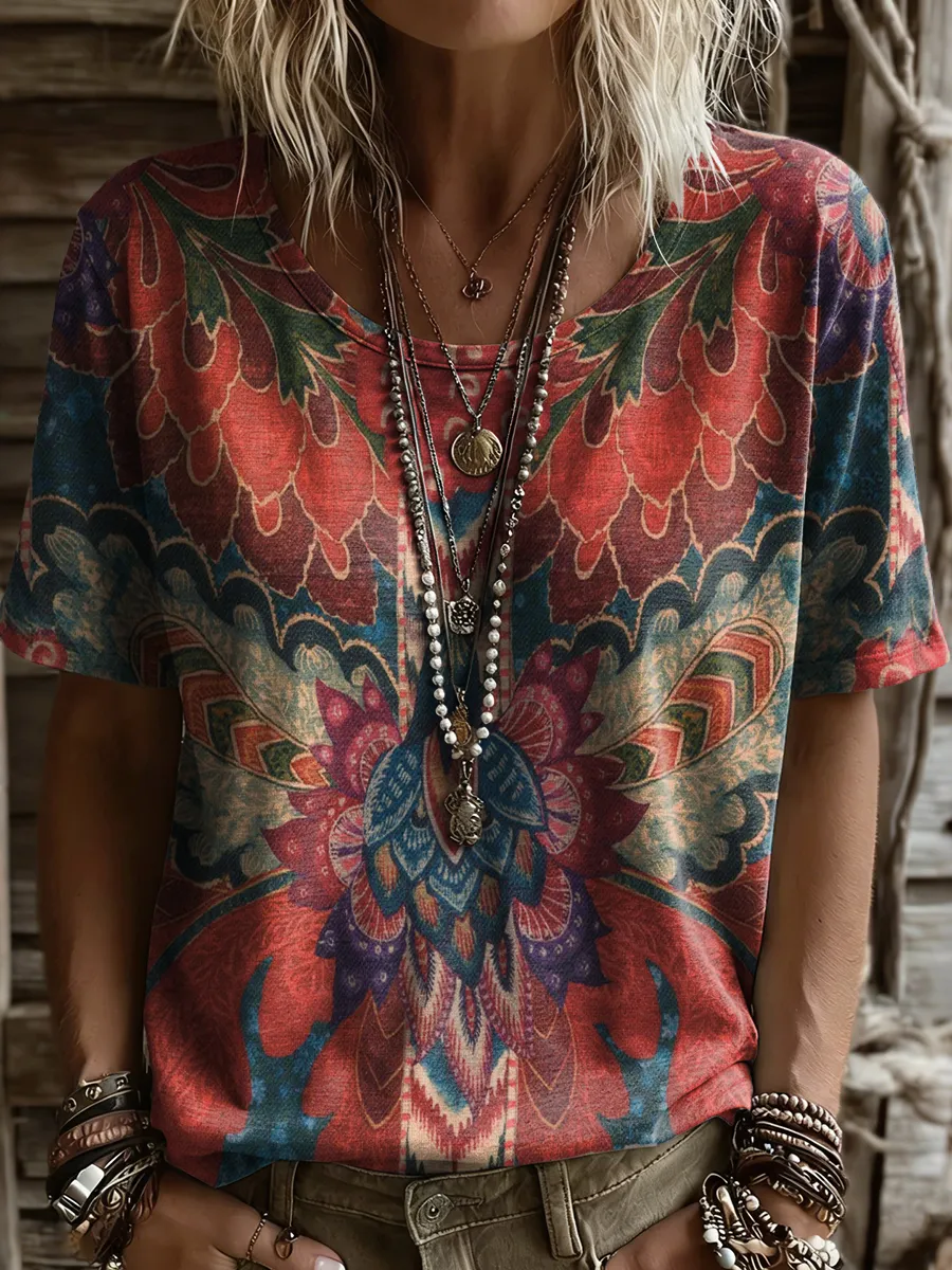 Women's Retro Ethnic Floral Art Print Casual Short-sleeve Round Neck Cotton T-shirt
