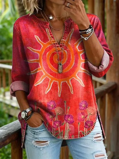 Women's Sunflower Floral Art Print Casual V-neck Washed Cotton Denim Shirt
