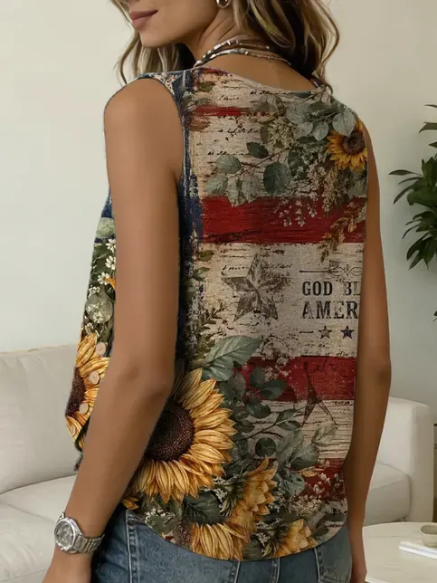 Women's Independence Day Sunflower Print Casual Button-down Tank Top