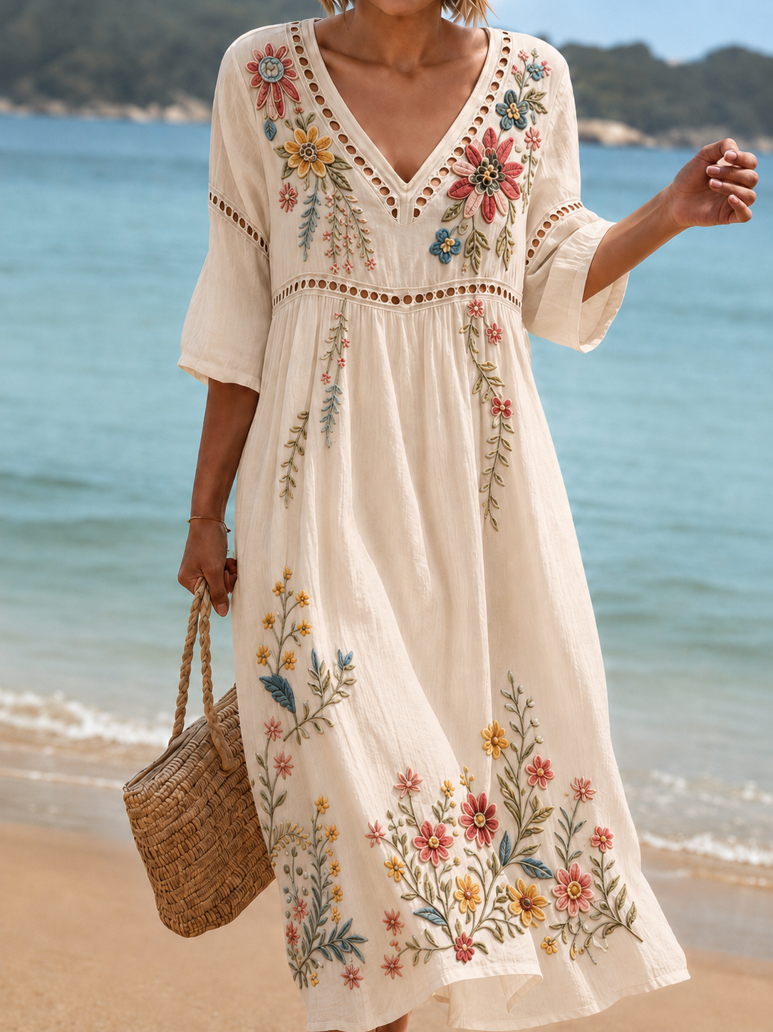 Women's Vacation Linen Boho Floral Print V-Neck Short Sleeve Maxi Dress