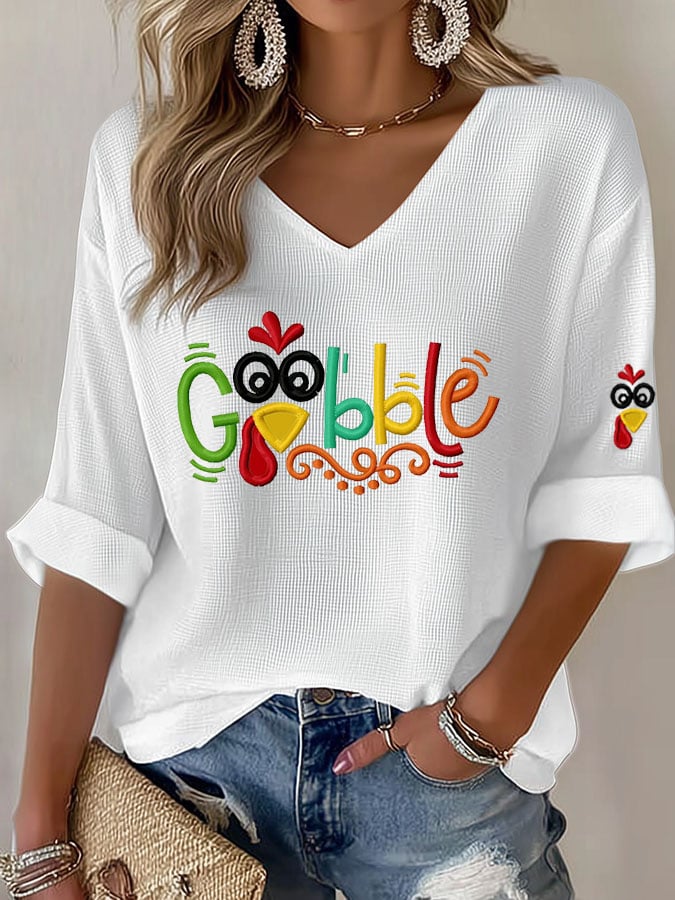 Women's Gobble Turkey Casual Waffle T-Shirt