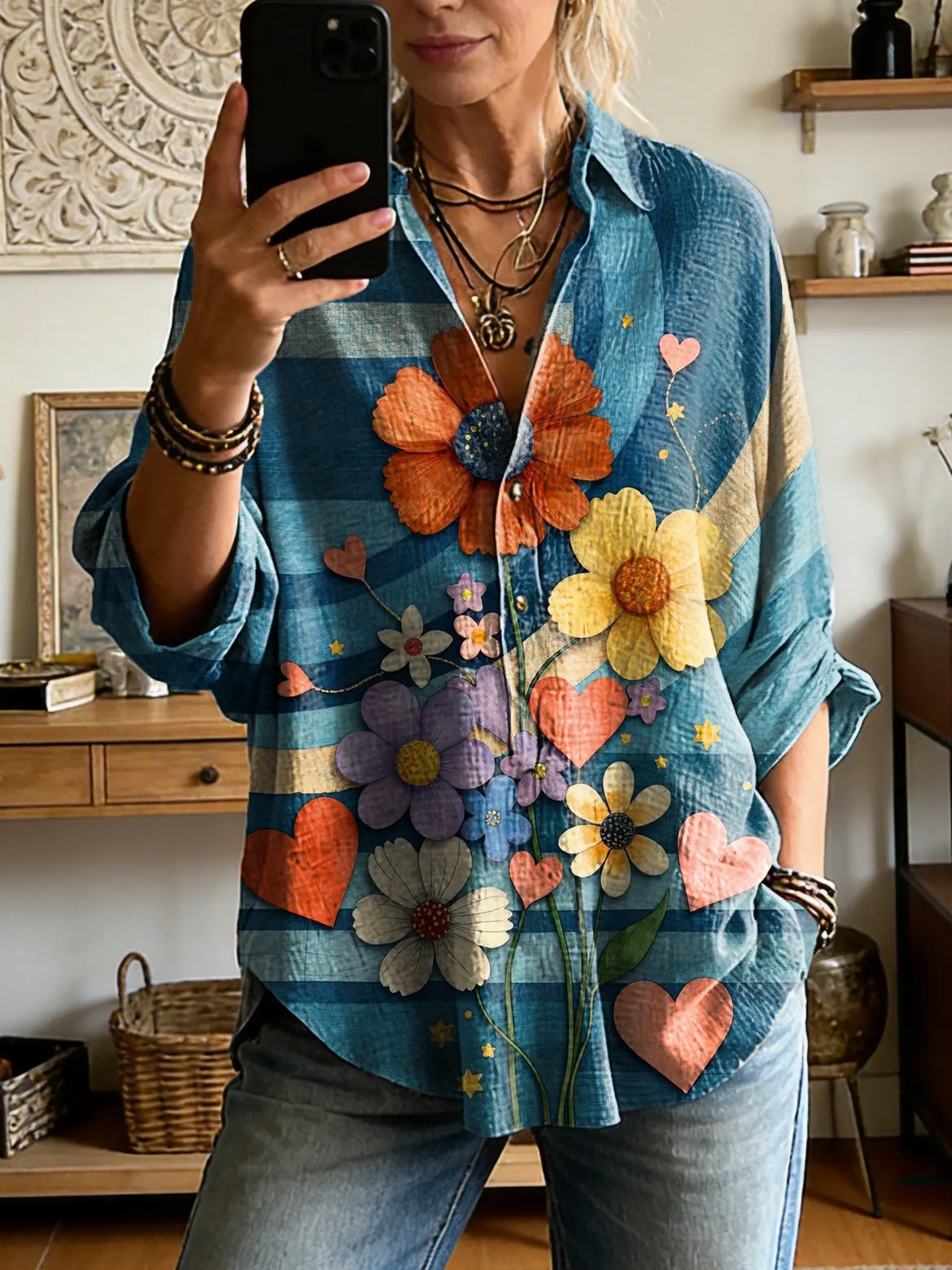 Women's Floral Art Print Casual Long-sleeve Shirt