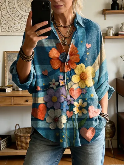 Women's Floral Art Print Casual Long-sleeve Shirt