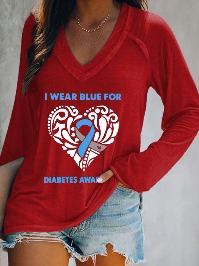 Women's I Wear Blue For Diabetes Awareness Print Long Sleeves Casual T-Shirt