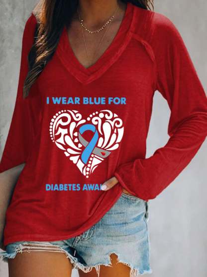 Women's I Wear Blue For Diabetes Awareness Print Long Sleeves Casual T-Shirt