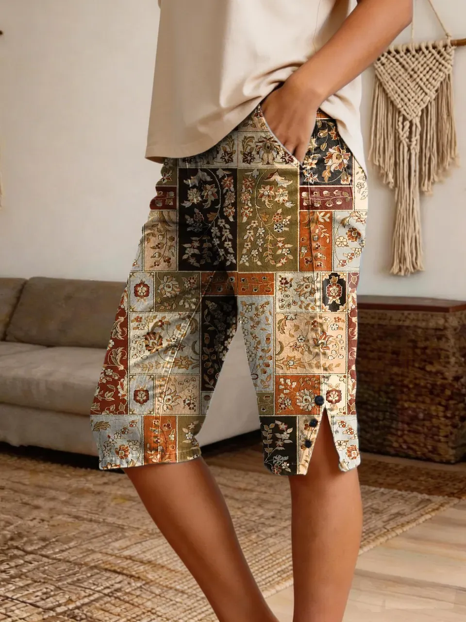 Women's Retro Ethnic Floral Art Print Casual Denim Shorts