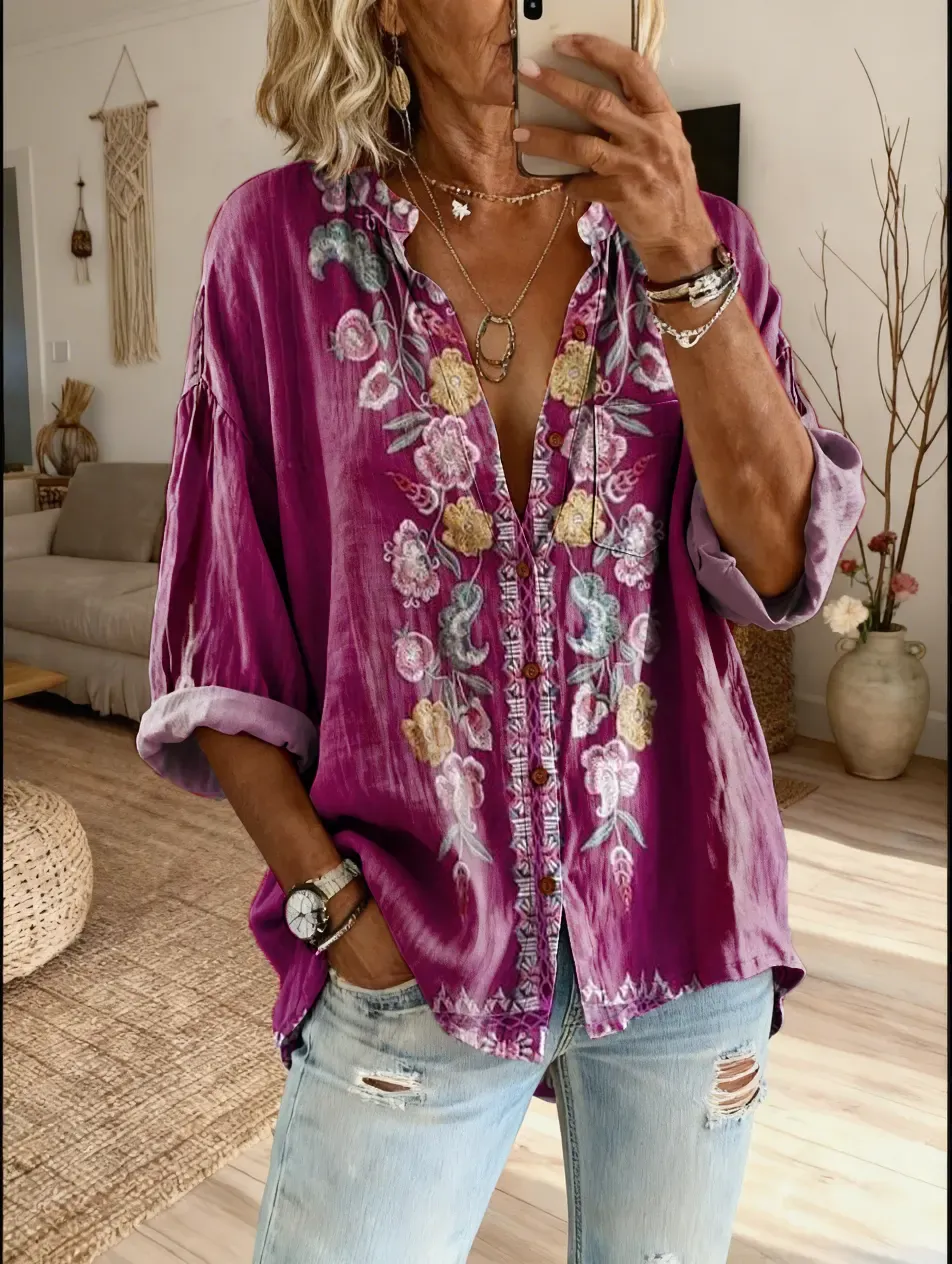 Women's Retro Textured Floral Art Print Casual Cotton Linen Shirt