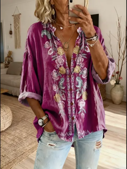 Women's Retro Textured Floral Art Print Casual Cotton Linen Shirt