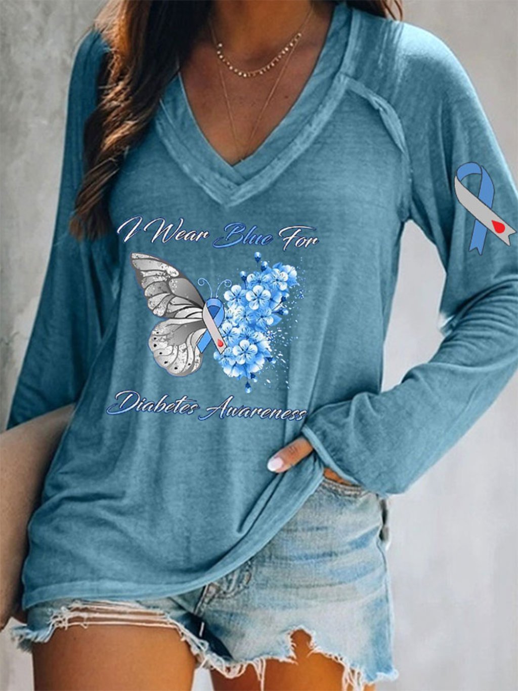 Women's Funny I Wear Blue For Diabetes Awareness Printed Top