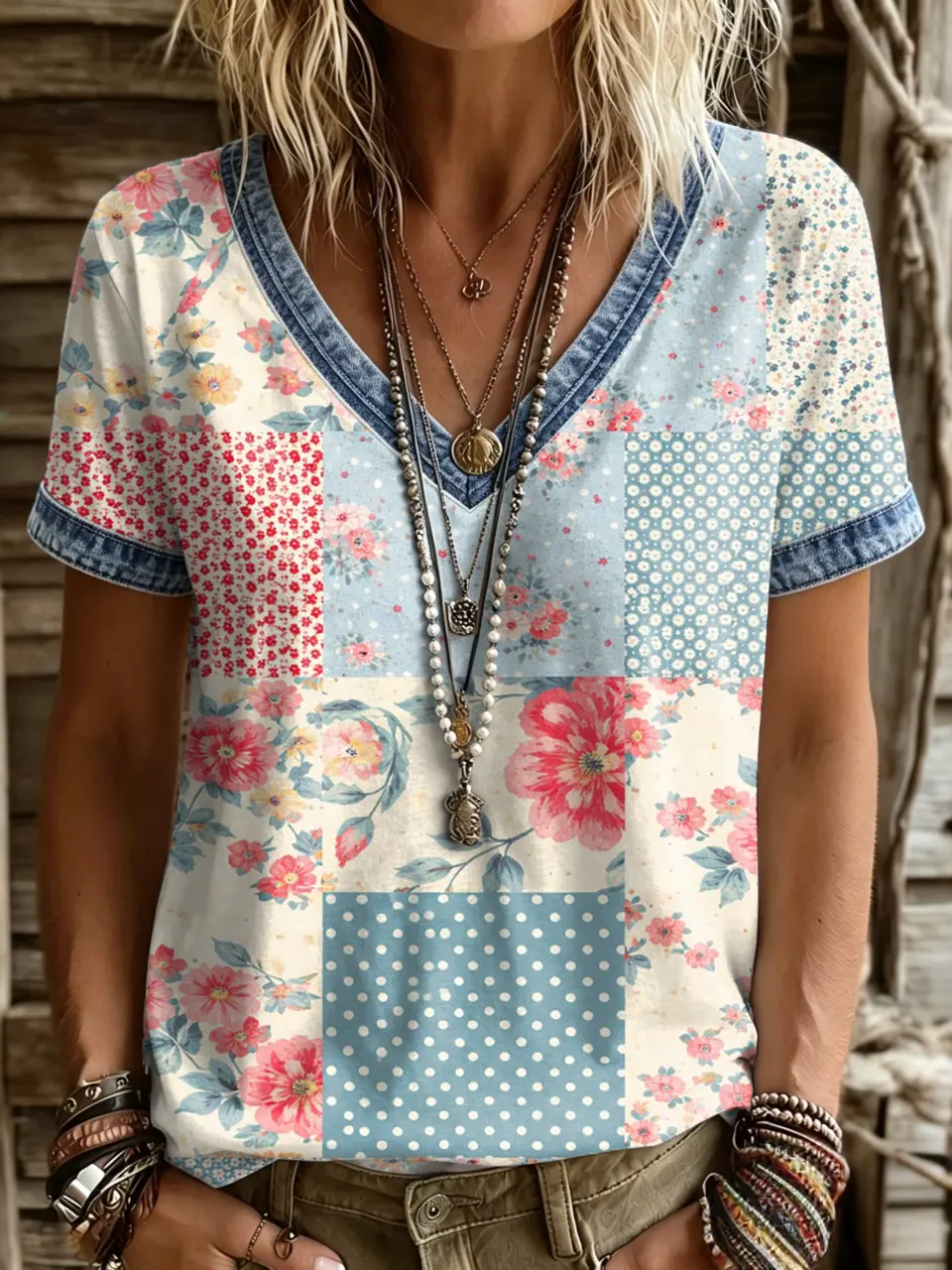 Women's Vintage Floral Patchwork Polka Dot Print Denim Trim V-Neck Short Sleeve T-Shirt