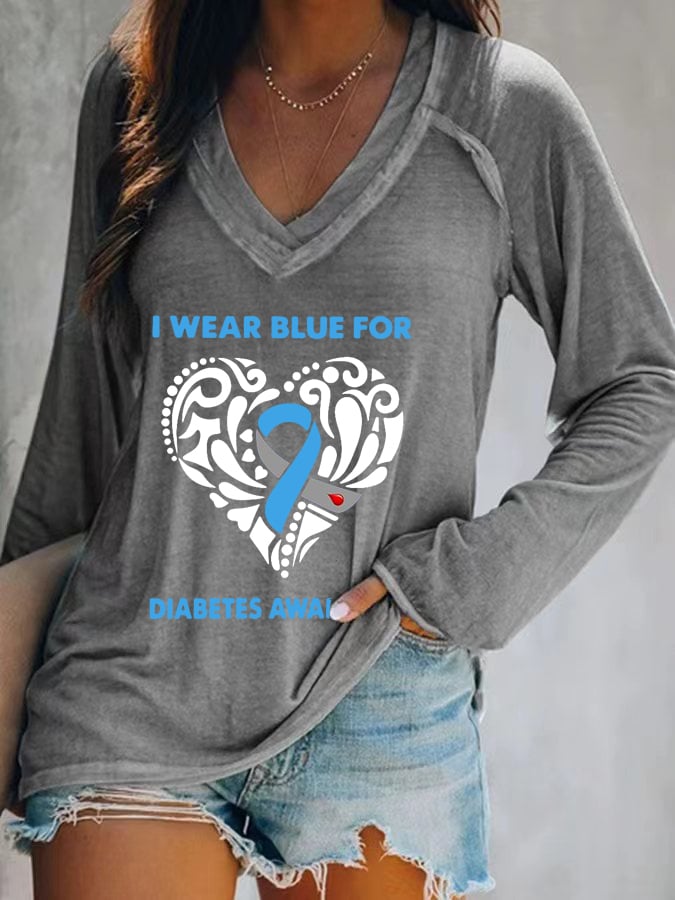 Women's I Wear Blue For Diabetes Awareness Print Long Sleeves Casual T-Shirt