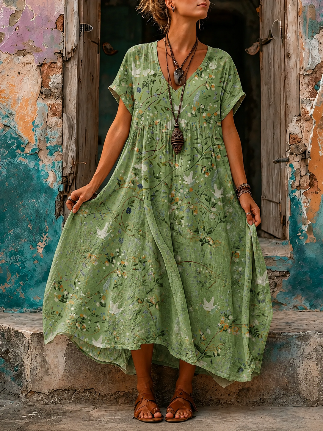 Women's Vacation Linen Boho Floral Print V-Neck Short Sleeve Maxi Dress
