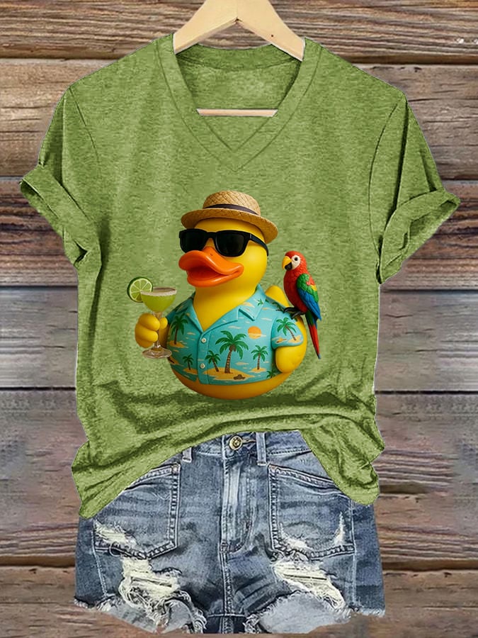 V-Neck Retro Jimmy Parrot Margarita Memorial Duck Print T-Shirt