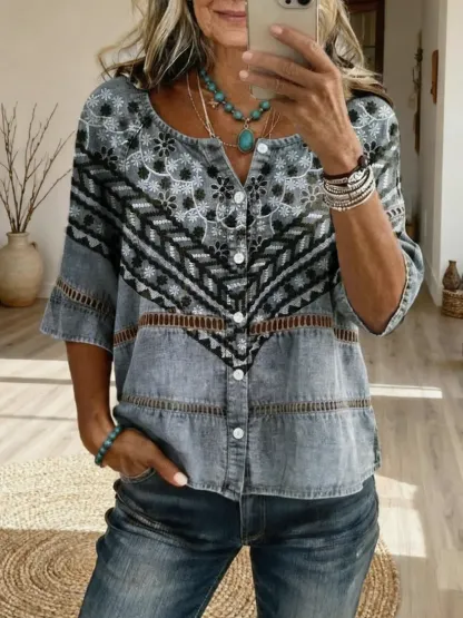 Women's Retro-Textured Ethnic Floral Art Print Casual Cutout Top