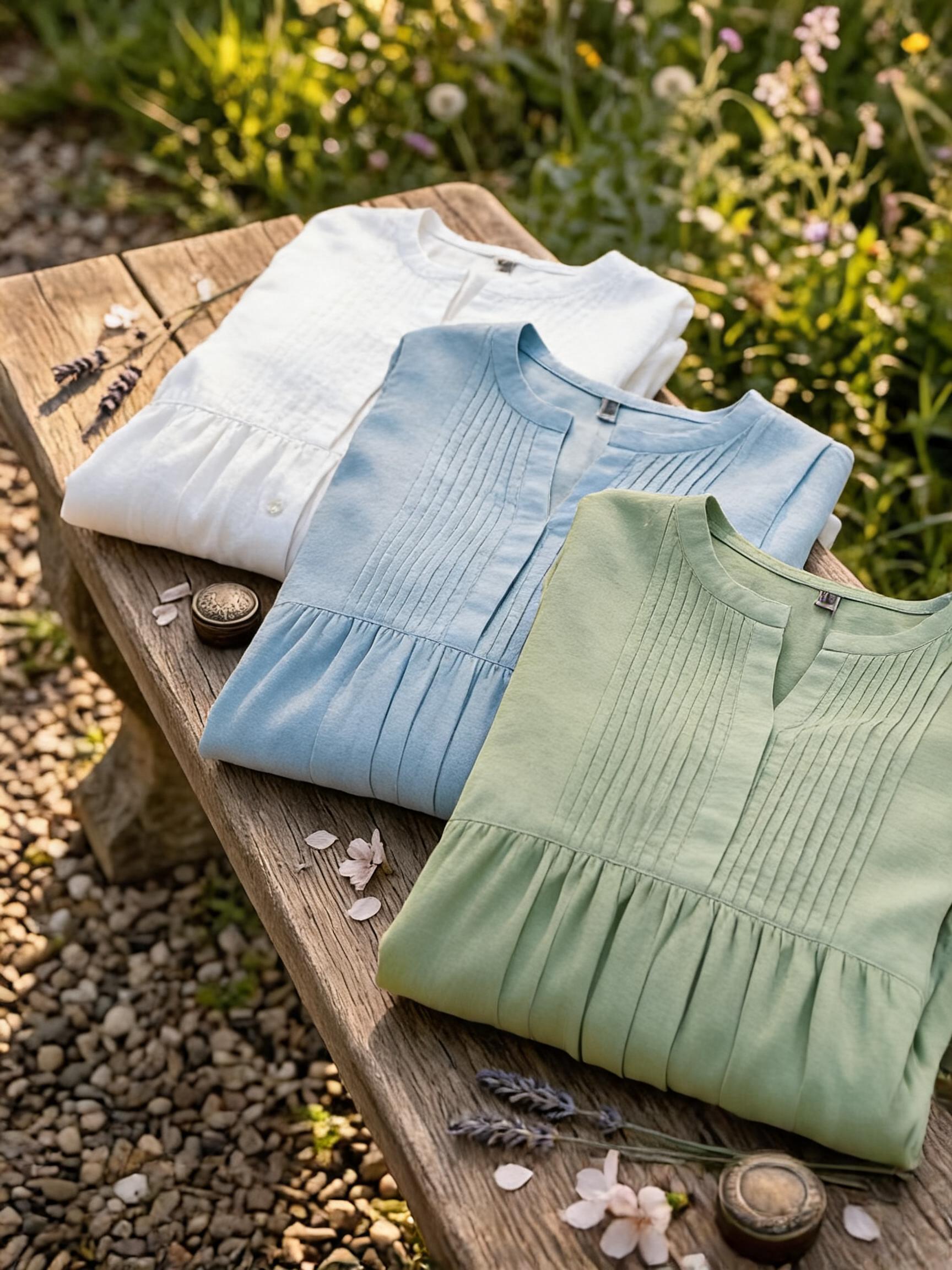 Women'S V-Neck Short-Sleeved Pleated Cotton-Linen Dress