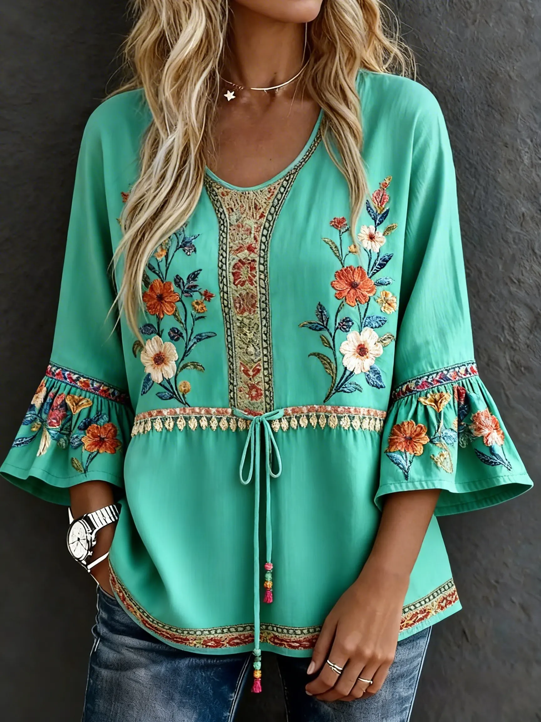 Women's Casual Multicolor Floral Art Prints Drawstring Cotton Shirt