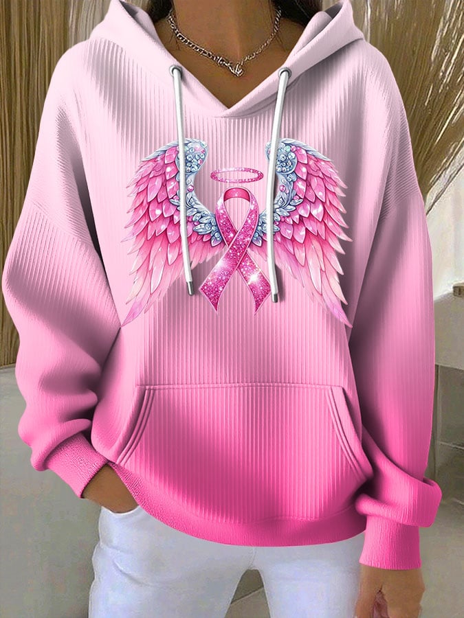 Women's Breast Cancer Ribbon Wings Print Casual Hoodie