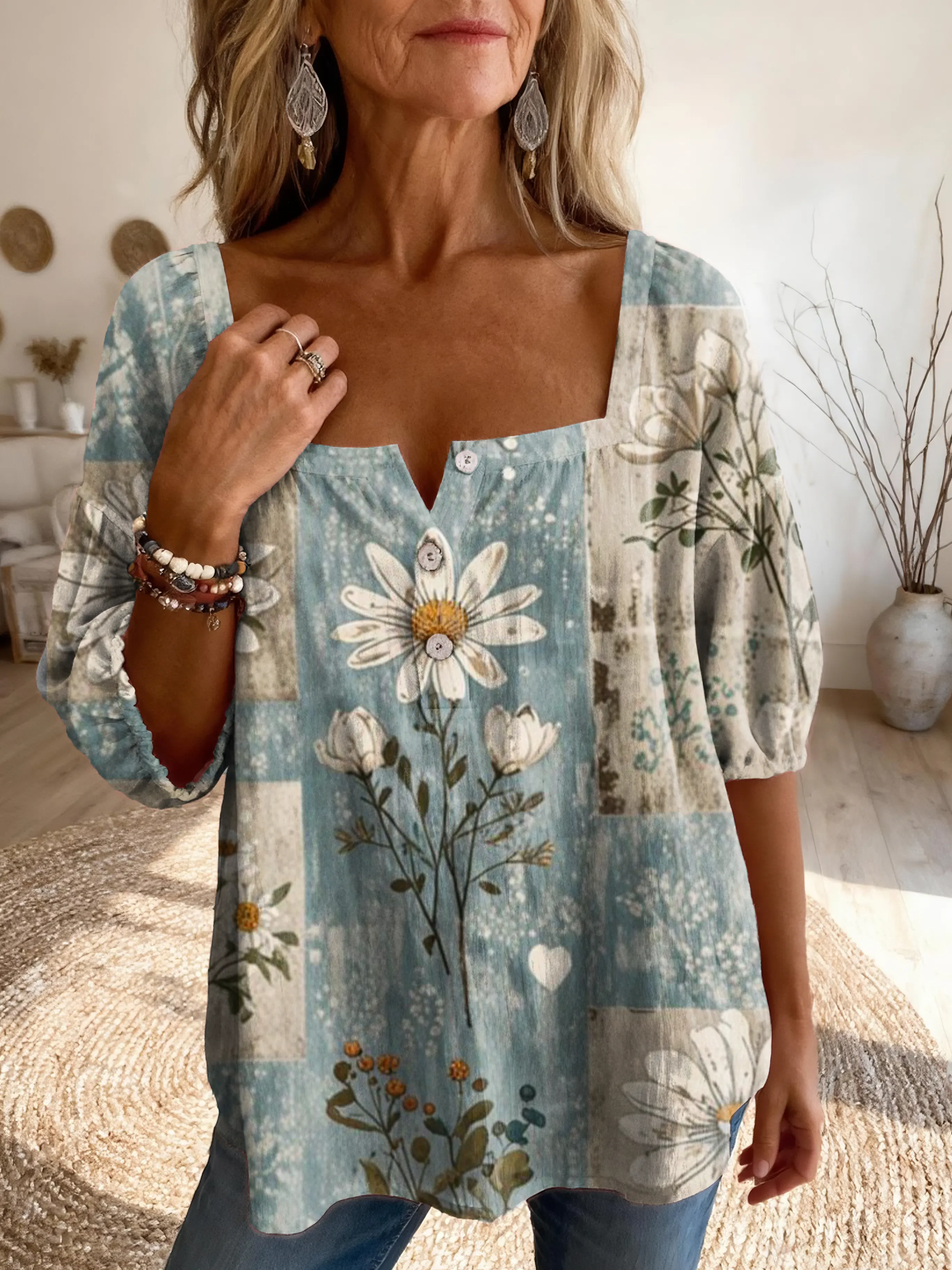 Ethnicity Bohemian Style Flowers Women's Vintage Art Print Casual Square-neck Top