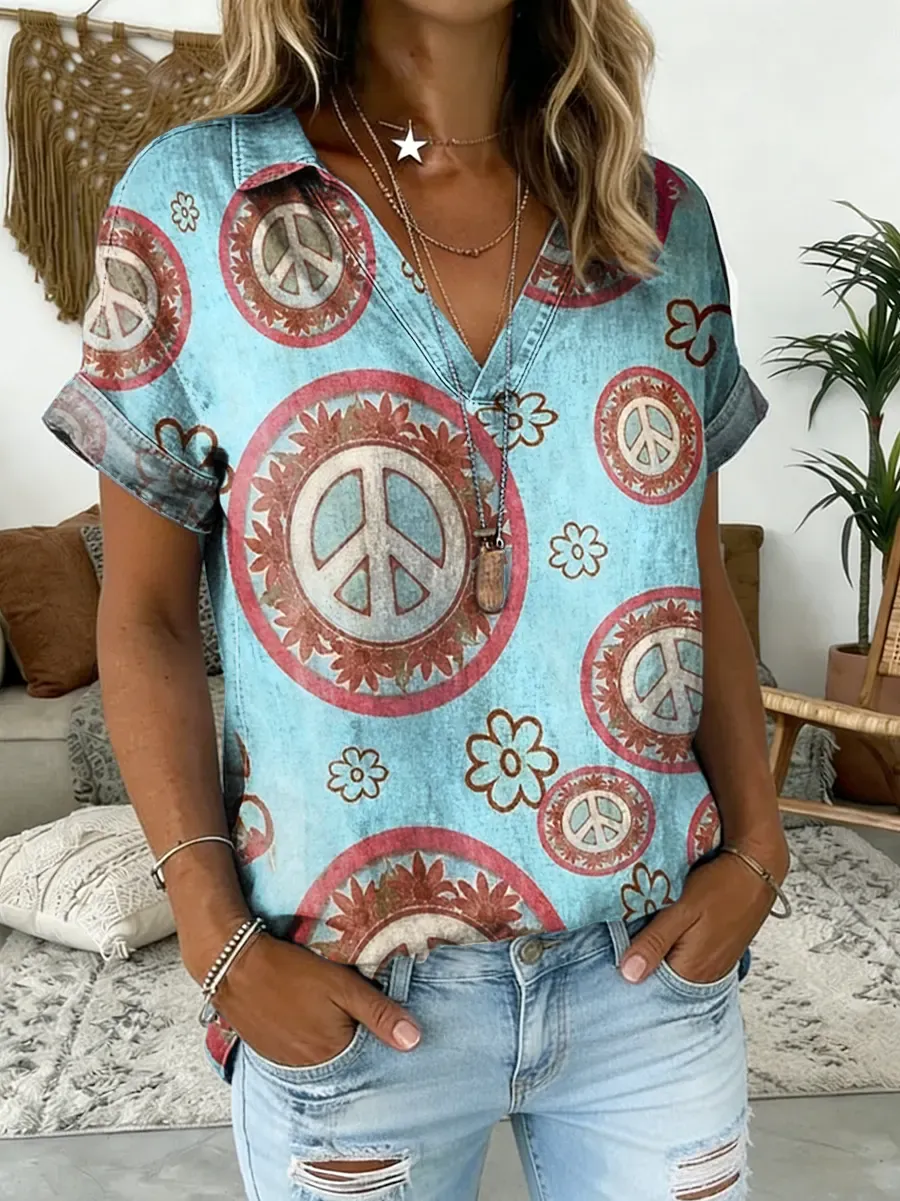 Women's Hippie Flower Print V-Neck Short-Sleeve Denim Shirt