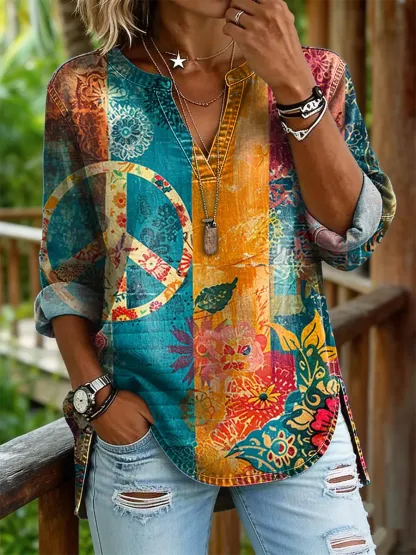 Women's Hippie Floral Print Casual V-neck Washed Cotton Denim Shirt