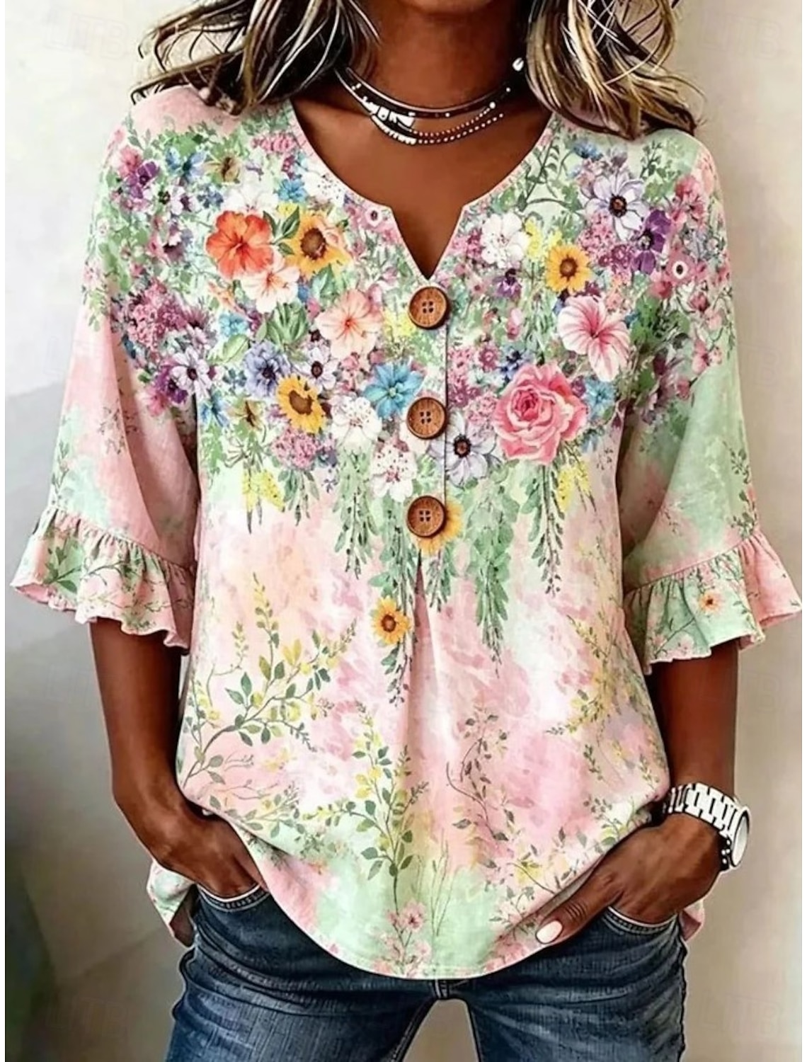 Women's Casual Shirt Summer Tops Blouse Buttons Ombre Floral Graphic Elegant Bohemia Vacation V Neck Shirt