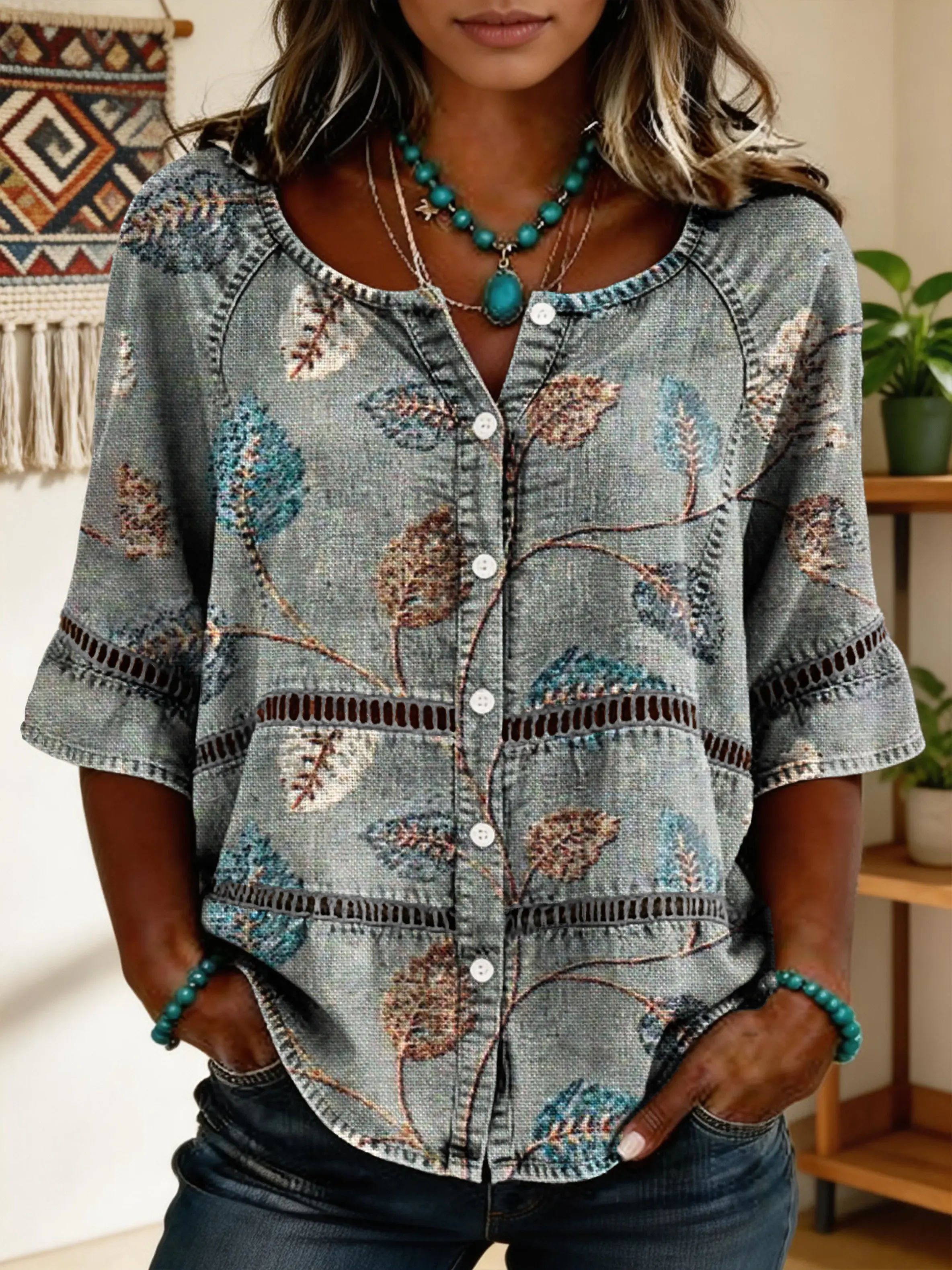 Women's Vintage Floral Art Print Lace-up Button-up Short-sleeve Shirt