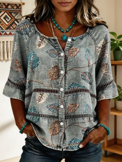 Women's Vintage Floral Art Print Lace-up Button-up Short-sleeve Shirt