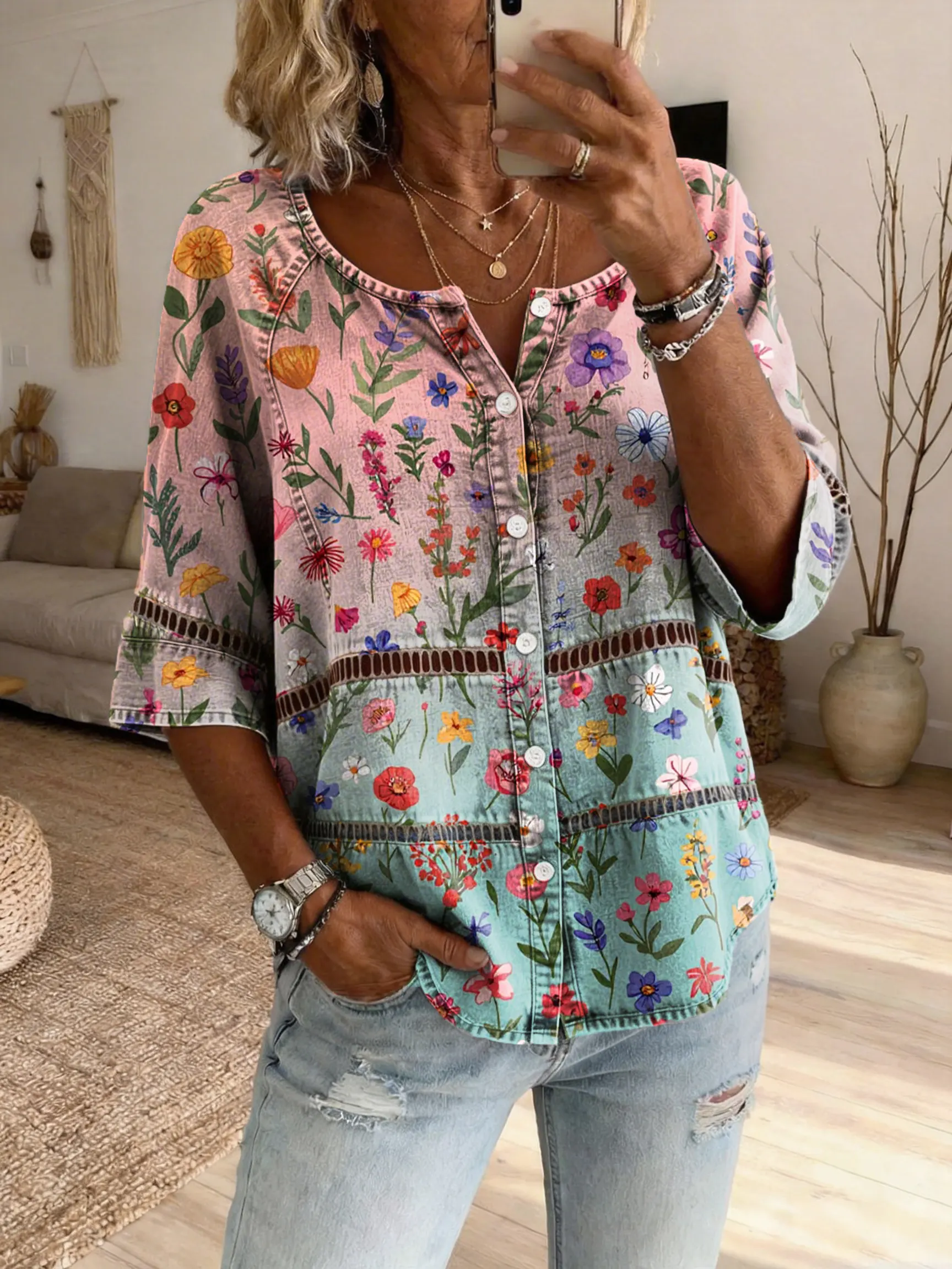 Women's Vintage Colorful Floral Art Print Casual Cutout Top