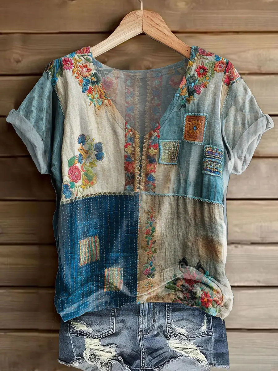 Women's Vintage Floral Pattern Art Print V-neck Short Sleeve