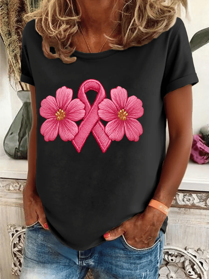 Women's Breast Cancer Awareness Print Crew Neck T-Shirt