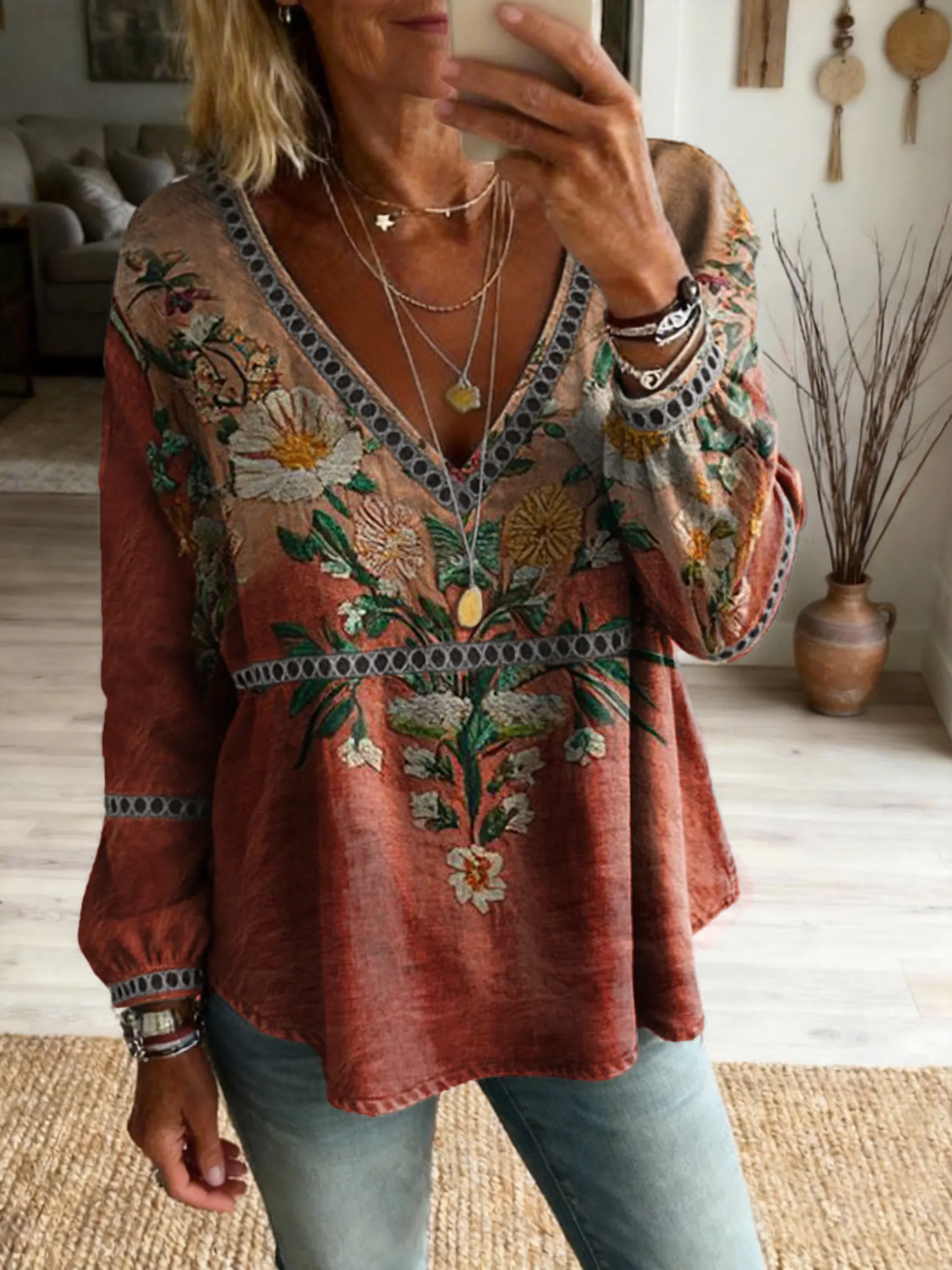 Women's Vintage Gradient Floral Art Print Casual Cutout Top