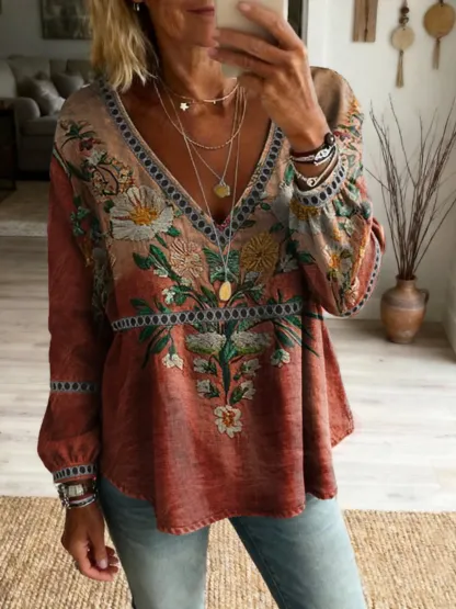 Women's Vintage Gradient Floral Art Print Casual Cutout Top