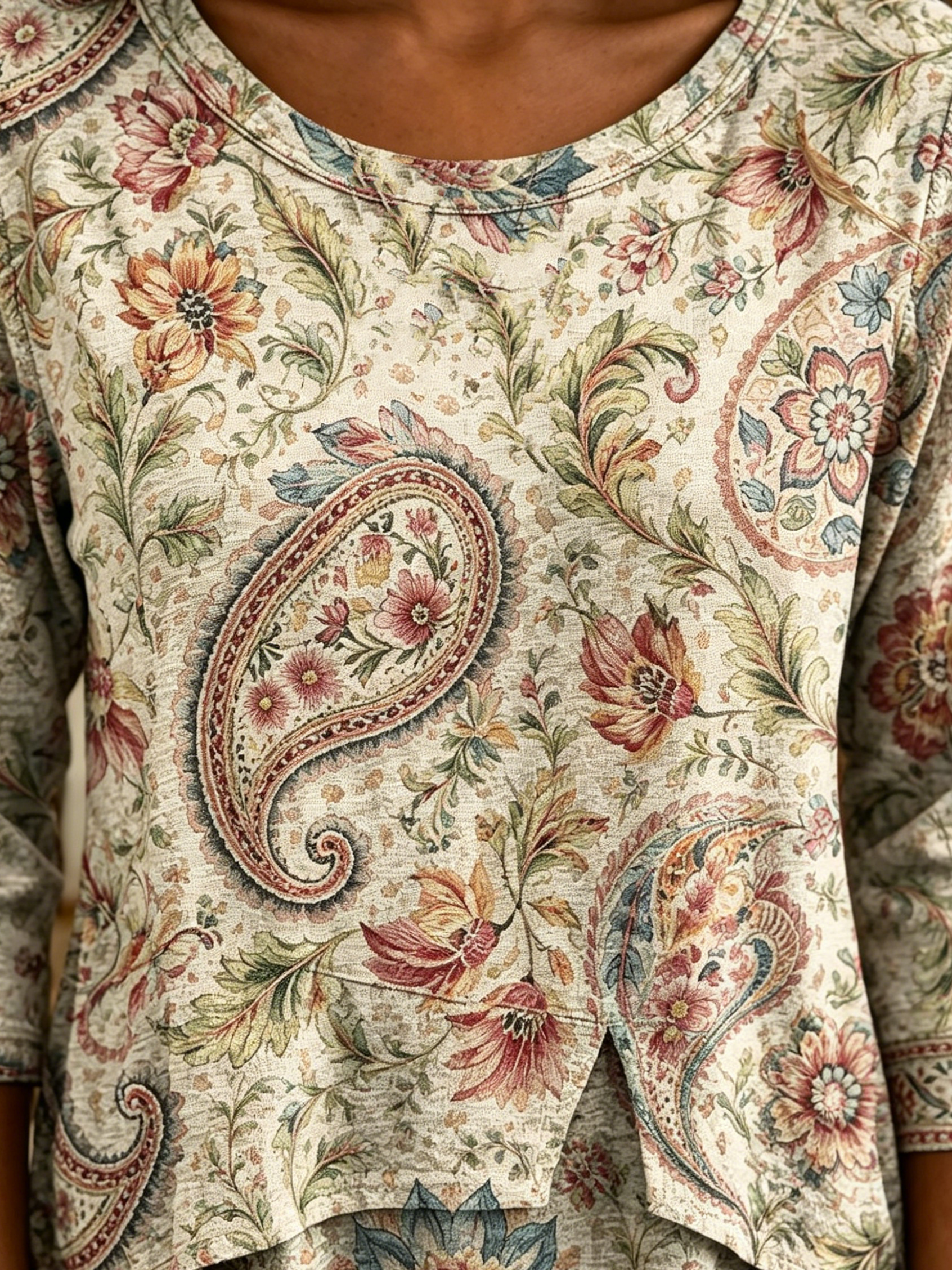 Women's Retro Bohemian Floral Art Print Casual Three-quarter Sleeve Round Neck Patchwork Shirt