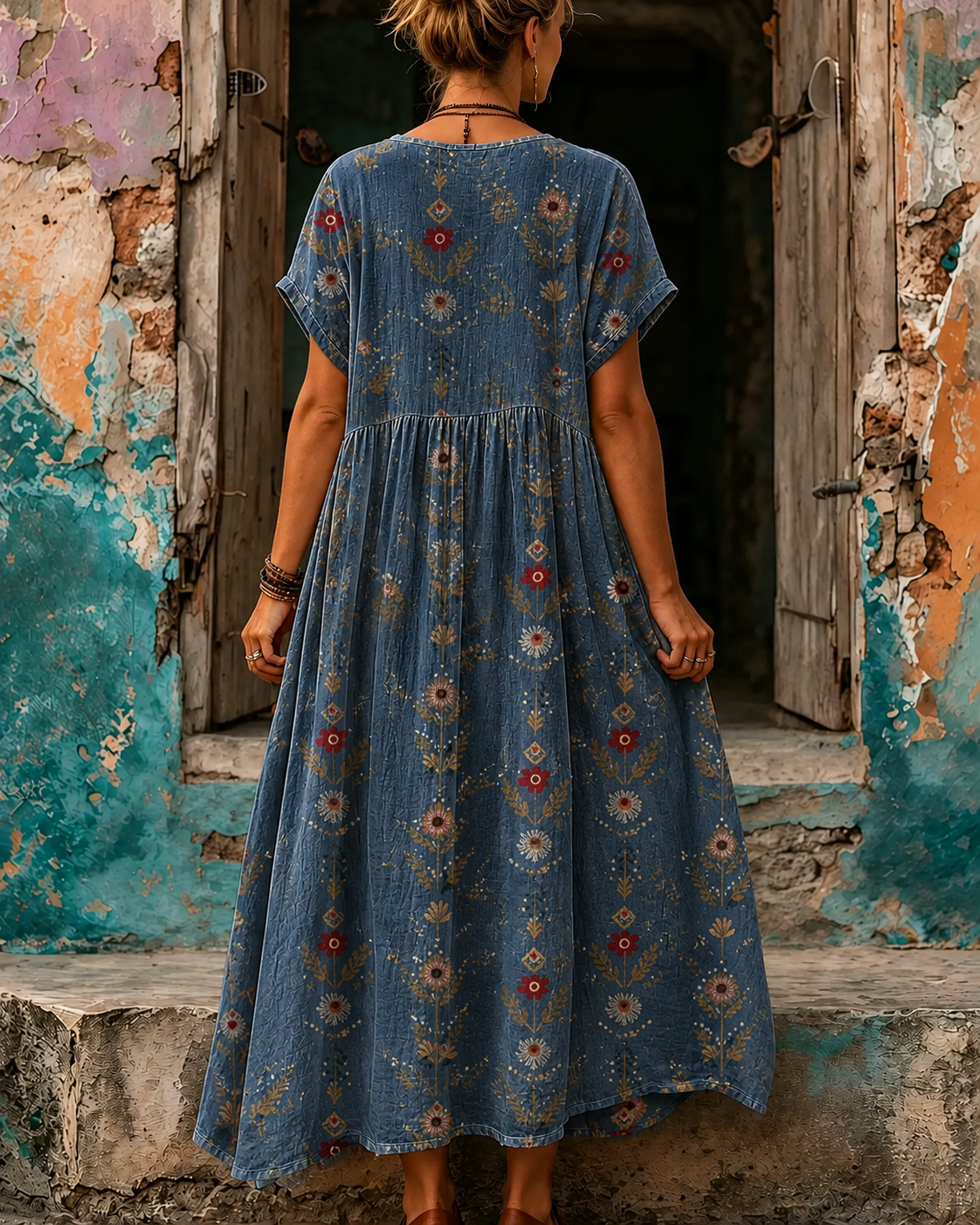 Women's Vacation Linen Boho Floral Print V-Neck Short Sleeve Maxi Dress